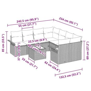 9-teiliges Garten Sofaset mit Kissen Beige Poly Rattan