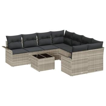 9-teiliges Garten Sofa Set mit Kissen Hellgrau Poly Rattan