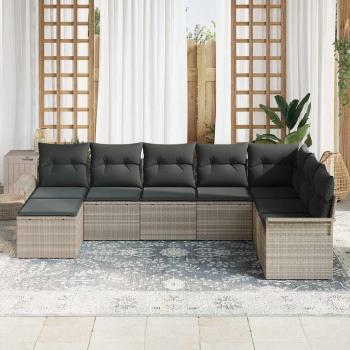 8-teilige Garten Sofa Set mit Kissen Hellgrau Poly Rattan