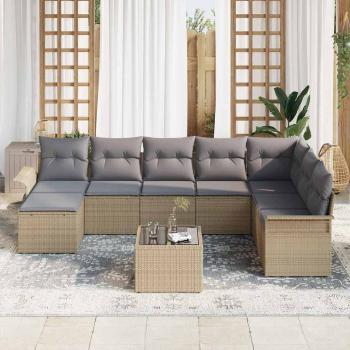 9-teiliges Garten Sofa Set mit Kissen aus beigem Poly Rattan