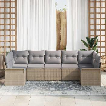 7-teiliges Garten-Sofa-Set mit Kissen in Beigem Poly-Rattan