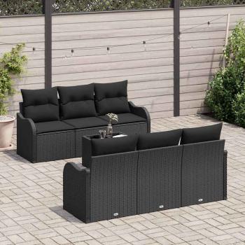 7-teiliges Garten Sofa Set mit Kissen Schwarz Poly-Rattan