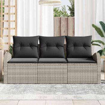 3-teiliges Garten-Sofa-Set mit Kissen in Hellgrau aus Poly-Rattan