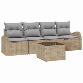 5-teiliges Garten-Sofa-Set mit Kissen Beige Poly-Rattan