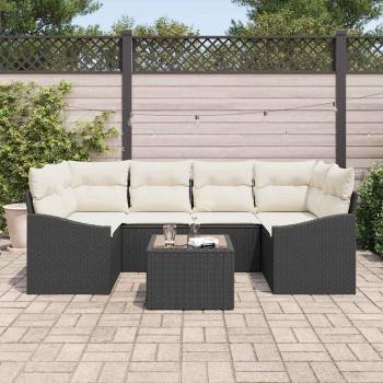 7-teiliges Garten Sofa Set mit Kissen Schwarzes Poly Rattan