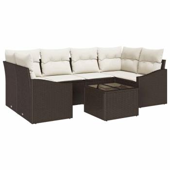 7-teiliges Garten Sofa Set mit Kissen Braun Poly Rattan