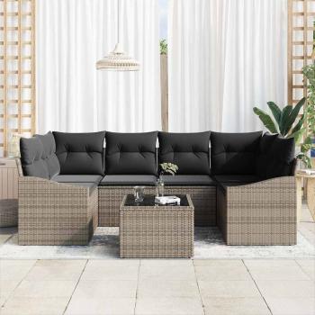 7-teiliges Garten Sofa Set mit Kissen Grau Poly Rattan