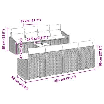 9-teiliges Garten Sofa Set mit Kissen Grau Poly Rattan