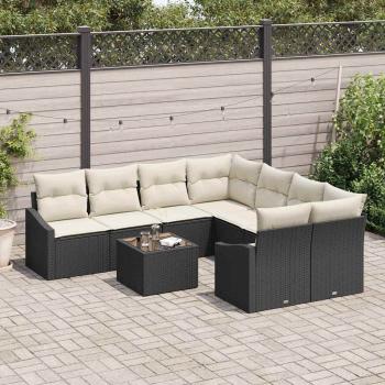 9-teiliges Garten-Sofaset mit Kissen Schwarz Poly Rattan