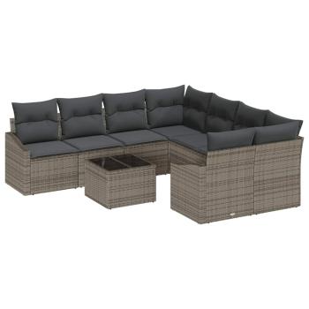 9-teiliges Garten-Sofa-Set mit grauen Kissen aus Poly-Rattan