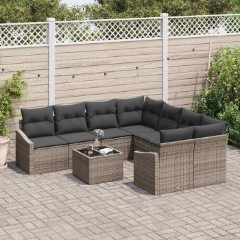 9-teiliges Garten-Sofa-Set mit grauen Kissen aus Poly-Rattan