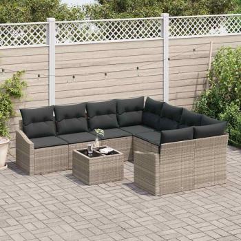 9-teiliges Garten-Sofa-Set mit Kissen Hellgraues Poly-Rattan