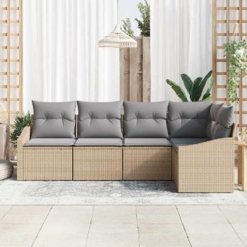 5-teiliges Garten-Sofa-Set mit Kissen Beige Poly Rattan