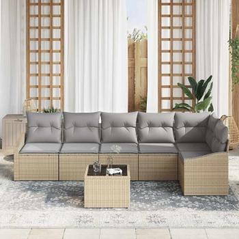 7-teiliges Garten Sofa Set mit Kissen Schwarz Poly Rattan