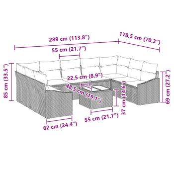 10-teiliges Garten Sofa Set mit Kissen Grau Poly Rattan