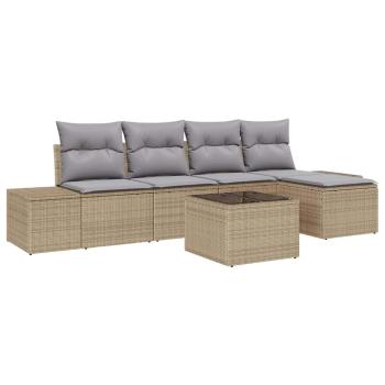 6-teiliges Garten-Sofa-Set mit Kissen, schwarzes Poly-Rattan