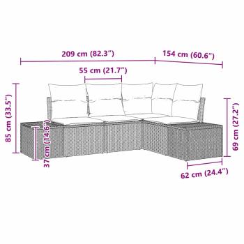 4-teiliges Garten Sofa Set mit Kissen Grau Poly Rattan