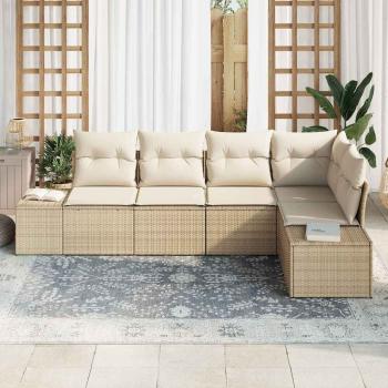 5-teiliges Garten Sofa Set mit Kissen Beige Poly Rattan