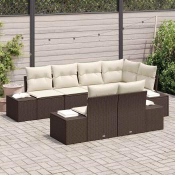 7-teiliges Garten Sofa Set mit Kissen Braun Poly Rattan