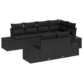 7 Teiliges Garten Sofa Set mit Kissen Schwarz Poly Rattan