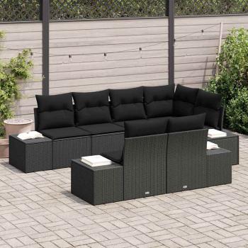 7 Teiliges Garten Sofa Set mit Kissen Schwarz Poly Rattan