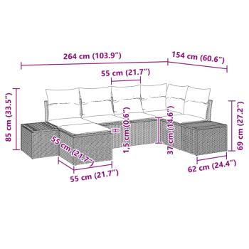 6-teiliges Garten-Sofa-Set mit Kissen Braun Poly-Rattan