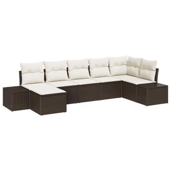 7-teiliges Garten Sofa Set mit Kissen Braun Poly Rattan