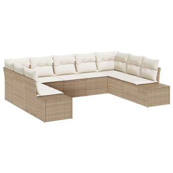 9-teiliges Garten Sofa Set mit Kissen Beige Poly Rattan