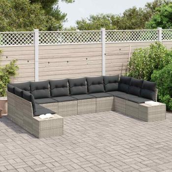 10-teiliges Garten Sofa Set mit Kissen Hellgrau Poly Rattan