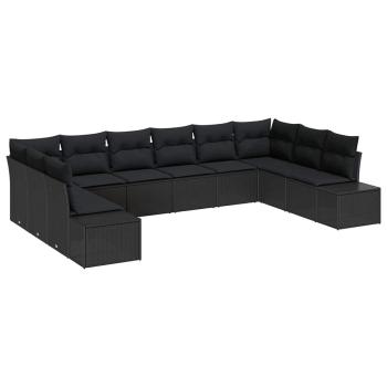 10-teiliges Garten-Sofa-Set mit Kissen in schwarzem Poly-Rattan