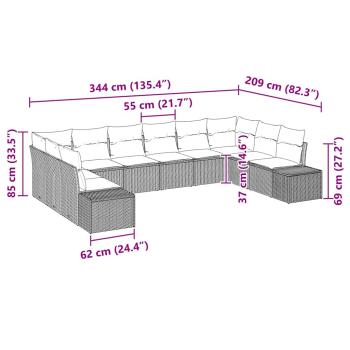 10-teiliges Garten-Sofa-Set mit Kissen in schwarzem Poly-Rattan