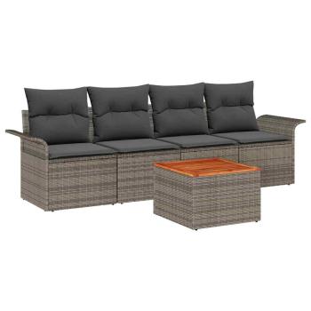 5-teiliges Gartensofa Set mit Kissen Grau Poly Rattan Akazie