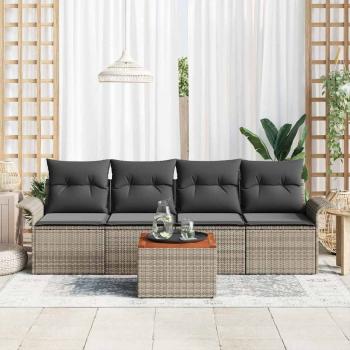 5-teiliges Gartensofa Set mit Kissen Grau Poly Rattan Akazie
