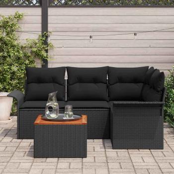 5-teiliges Garten-Sofa-Set mit Kissen Schwarz Poly-Rattan Akazie