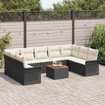10-teiliges Garten Sofa Set mit Kissen Schwarz Poly Rattan Akazie