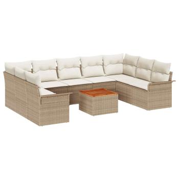 10-teiliges Garten Sofa Set mit Kissen Beige Poly-Rattan Akazie