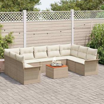 10-teiliges Garten Sofa Set mit Kissen Beige Poly-Rattan Akazie