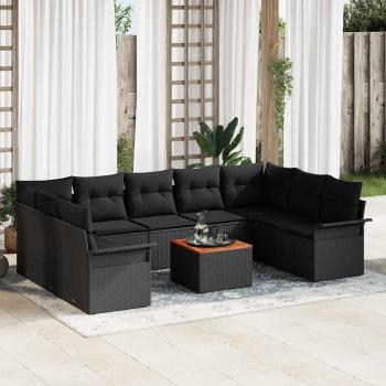 ARDEBO.de - 10-teiliges Garten Sofa Set mit Kissen Schwarz Poly Rattan Akazie