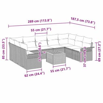 10-teiliges Garten Sofa Set mit Kissen Schwarz Poly Rattan Akazie