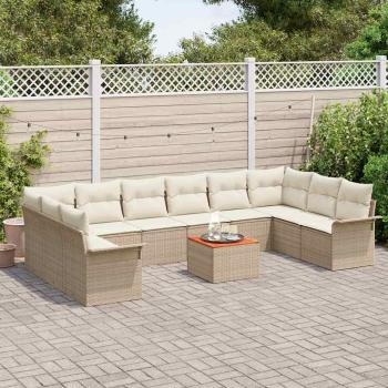 11-teiliges Garten Sofa Set mit Kissen Beige Poly Rattan Akazie