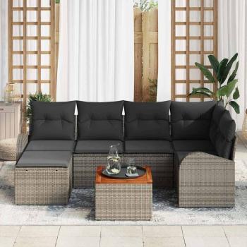 7-teiliges Garten-Sofa-Set mit Kissen Grau Poly Rattan Akazie
