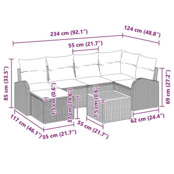 7-teiliges Garten Sofa Set mit Kissen Beige Poly Rattan Akazie