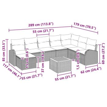 9-teiliges Garten Sofa Set mit Kissen Grau Poly Rattan Akazie