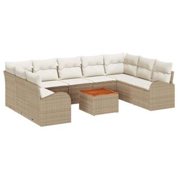 10-teiliges Garten Sofa Set mit Kissen Beige Poly Rattan Akazienholz