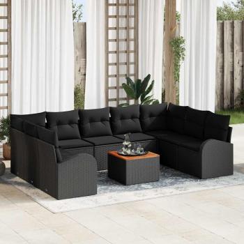 ARDEBO.de - 10-teiliges Gartensofa Set mit Kissen Schwarz Poly Rattan Akazie