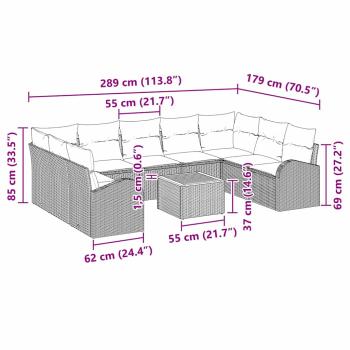 10-teiliges Gartensofa Set mit Kissen Schwarz Poly Rattan Akazie