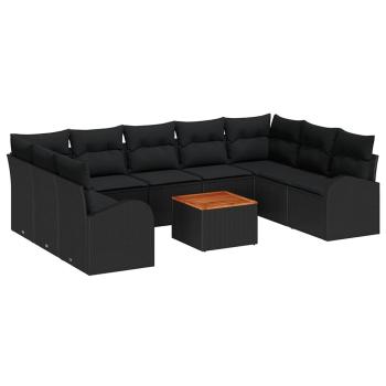 10-teiliges Gartensofa Set mit Kissen Schwarz Poly Rattan Akazie