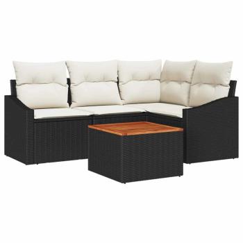 5-teiliges Garten-Sofa-Set mit Kissen Schwarz Poly-Rattan Akazie