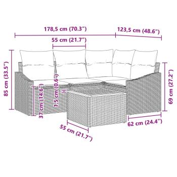 5-teilige Garten Sofa Set mit Kissen grau Poly Rattan Akazie