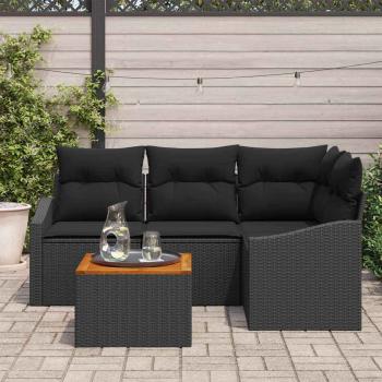 5-teiliges Garten Sofa Set mit Kissen Schwarz Poly-Rattan Akazie
